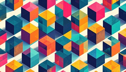 Colorful, geometric pattern featuring numerous 3D cubes arranged in a repeating design.