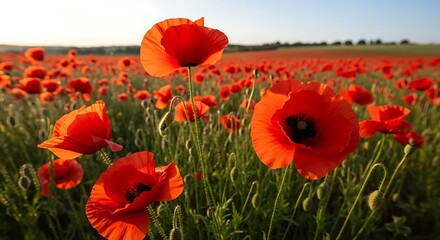 Fototapeta premium Vibrant Red Poppy Field at Sunrise: A stunning landscape of endless poppies in full bloom,