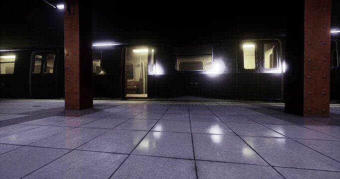 An empty subway platform is dimly lit, highlighting a train parked quietly. The polished floor reflects the light, while shadows create a mysterious atmosphere.