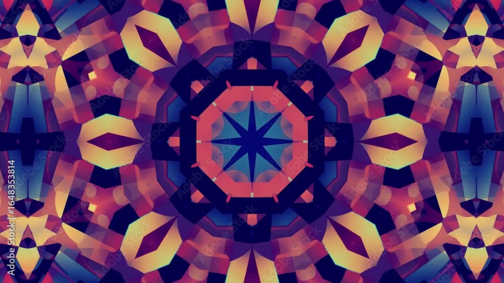 Poster hypnotic geometric kaleidoscope motion with vibrant colors and abstract patterns creating a mesmeriz