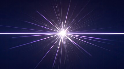 Radiant burst of light radiating outwards from a central point, with streaks of violet-white light, against a deep indigo background. A horizontal line of light bisects the image