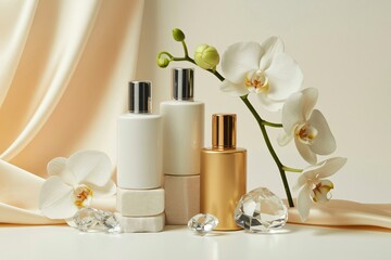 Three elegant bottles of beauty products, in white, silver, and gold, are artfully arranged with delicate white orchid flowers and clear crystal gems.