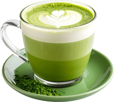 A clear glass mug filled with a layered matcha latte, featuring latte art, sits atop a green saucer with matcha powder spilled beside it.