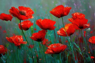 Obraz premium Red Poppy Field in Vibrant Oil Painting Style