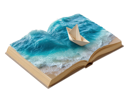 Open book with ocean wave and paper boat creative imagination fantasy adventure blue water beach storytelling surreal playful inspiring isolated background