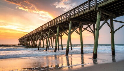 Fototapeta premium Sunrise over a wooden pier extending into a foamy ocean.