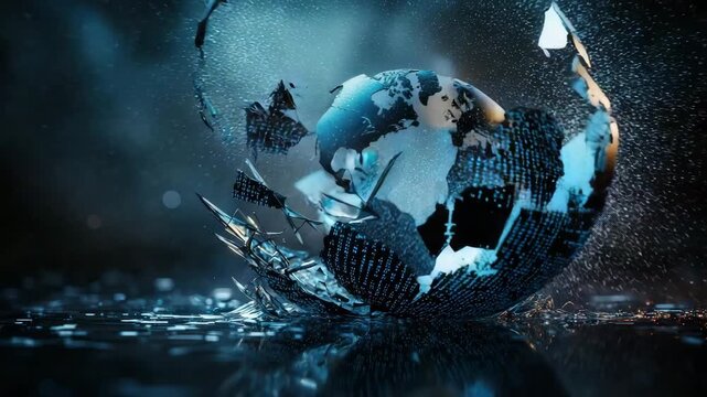 Shattered globe with broken pieces flying dark atmosphere showing fragility and destruction of Earth and digital globe breaking with binary code
