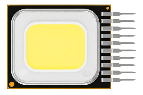 Close-up of a chip on board yellow LED lighting component isolated on a transparent background