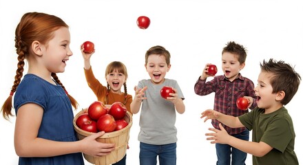 Happy children playfully toss bright red apples against a clean white background. AI Generated