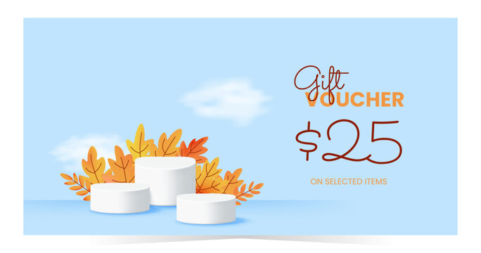 Gift voucher with 25 value, autumn leaves and 3D white podium on blue background. Ideal for product sale, fall promo or seasonal marketing. Vector illustration