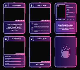 Editable Fantasy RPG Game Card Templates with gradient pink and purple color for Player Profile, Character Stats, and Role Information UI Design for Trading Card and Board Games