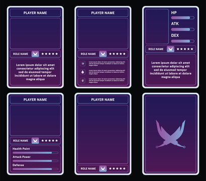 Editable Fantasy RPG Game Card Templates with gradient pink and blue color for Player Profile, Character Stats, and Role Information UI Design for Trading Card and Board Games