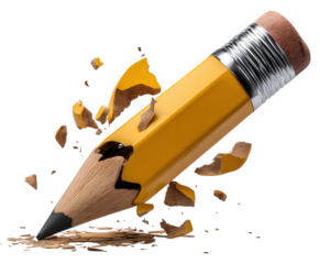 Broken pencil with snapped tip yellow wood cartoon sparks creative destruction isolated on white dramatic low resolution school supply art tool