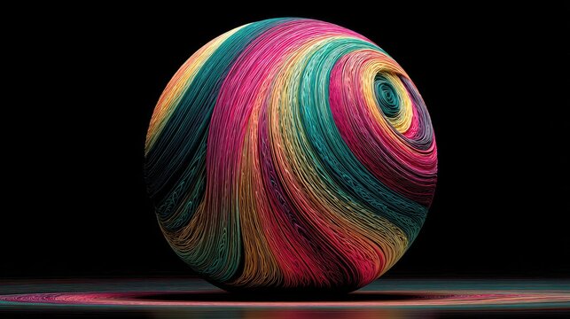 Vibrant sphere with swirling, colorful layers against a dark background