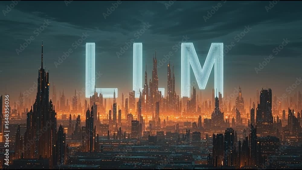 Poster large language model. llm. ai training. deep learning. machine learning. futuristic city skyline wit