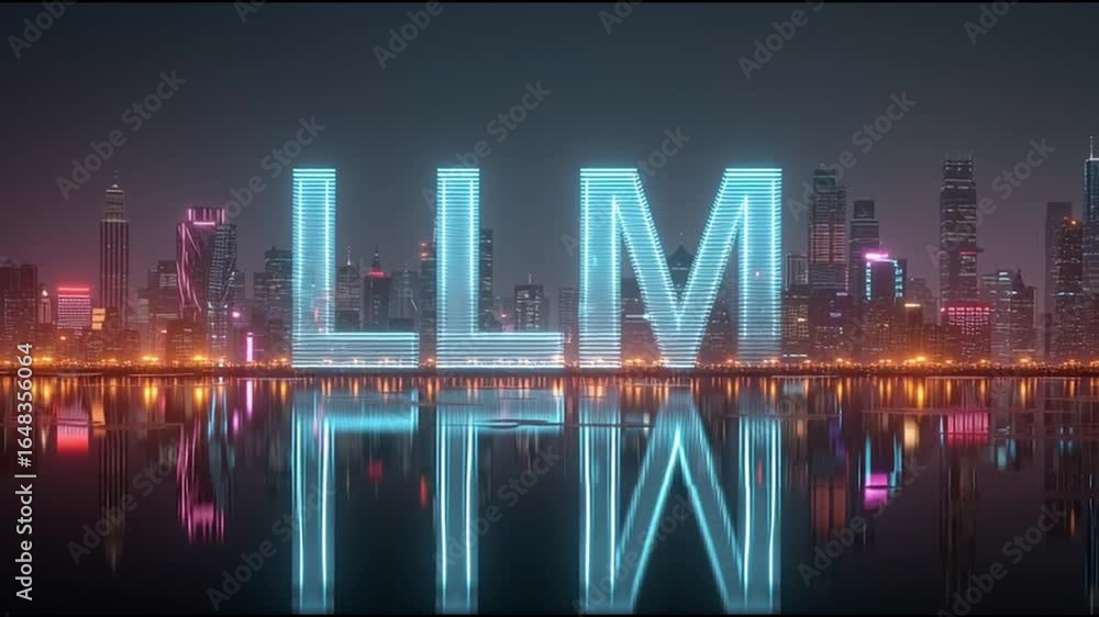Poster large language model. llm. ai training. deep learning. machine learning. a vibrant city skyline with
