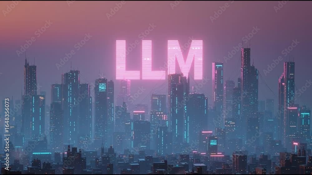 Poster large language model. llm. ai training. deep learning. machine learning. futuristic city skyline wit
