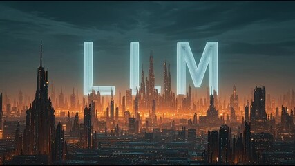 Large Language Model. LLM. AI training. Deep learning. Machine learning. Futuristic city skyline with glowing letters in a dramatic sky. - Powered by Adobe