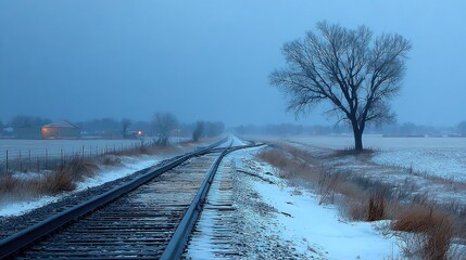 Fototapeta premium Snow-covered railroad tracks vanish into a hazy, wintry horizon, a lone tree standing sentinel