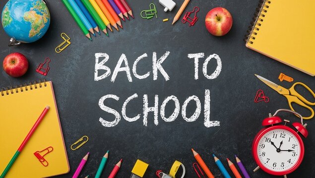 A chalkboard layout with "Back to School" text, surrounded by school supplies, ready for education.