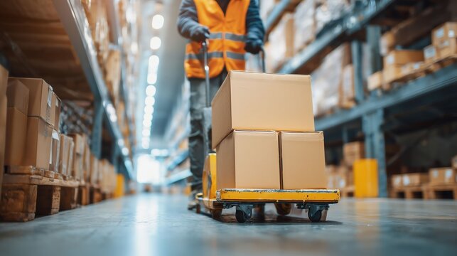 物流センターで荷物を運ぶ作業員