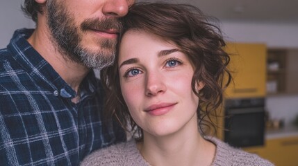 Obraz premium Close up of a bearded man and a woman with blue eyes embracing Couple Love
