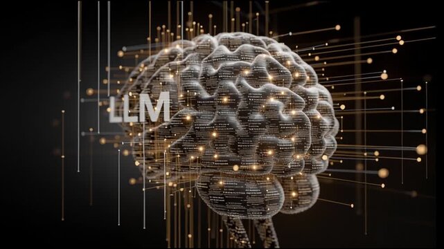 Large Language Model. LLM. AI training. Deep learning. Machine learning. A digital representation of a brain with glowing lines and 'LLM' text.