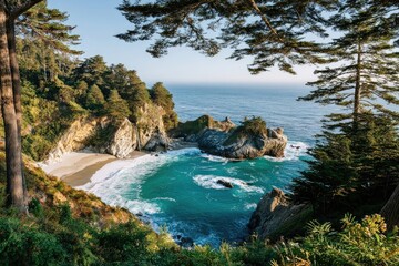 Coastal vista with beach and rock formations