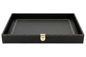 Rectangular black leather valet tray with decorative stitching isolated on a transparent background
