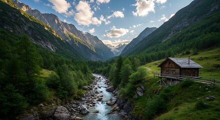 Majestic Mountain Valley Landscape with River Cabin and Snow Capped Peaks in the Austrian Alps Scenic Summer View