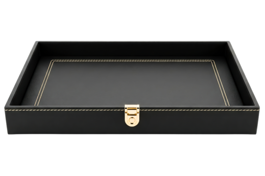 Rectangular black leather valet tray with decorative stitching isolated on a transparent background