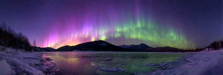 Spectacular Northern Lights Dance Over Frozen Lake in Majestic Wilderness Landscape at Night