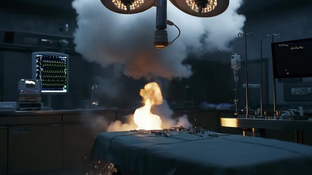 Operating room with surgical instruments on operating table, medical equipment, smoke and fire creating dramatic lighting in hospital scene