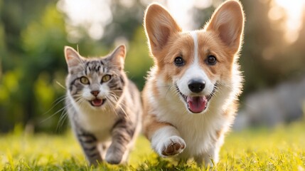 Happy corgi and tabby cat running in bright sunny grass