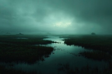 Fototapeta premium Misty, dark wetland landscape under a brooding sky