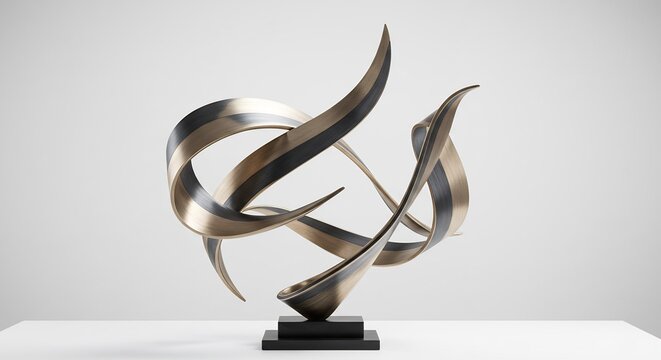Elegant abstract metal sculpture swirls dynamically under soft studio lighting. AI Generated