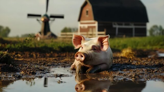 Pig and piglet enjoying muddy puddle on livestock farm with barn and windmill under sunlight in rural countryside nature reflection outdoors