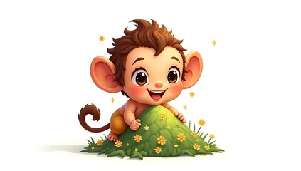 An anime-style baby Hanuman carrying a small mountain with glowing herbs, smiling brightly, with tiny sparkles floating around, on a plain white background.
