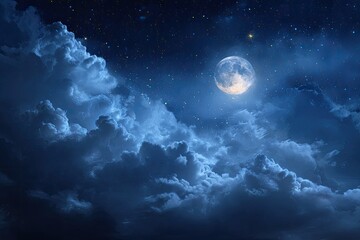 Night sky filled with clouds and a full moon