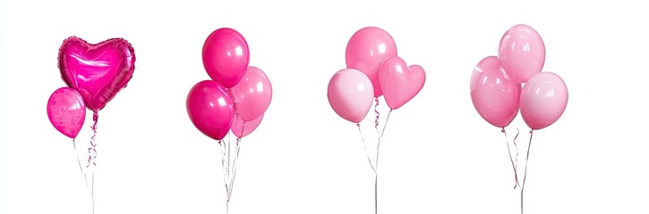 Pink balloons in various shapes and groupings against a white background