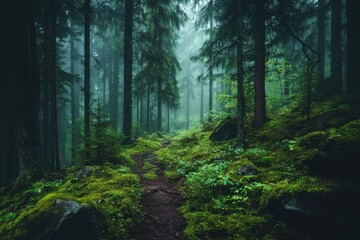 Obraz premium Misty forest path, dense trees, lush greenery