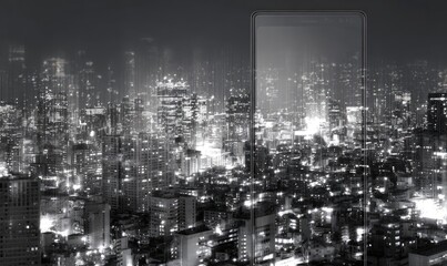 Night cityscape view, smartphone overlay
