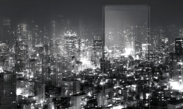 Fototapeta Night cityscape view, smartphone overlay