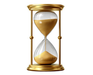 Classic hourglass with golden frame and flowing sand, symbolizing time passing, patience, and vintage elegance, isolated on transparency background