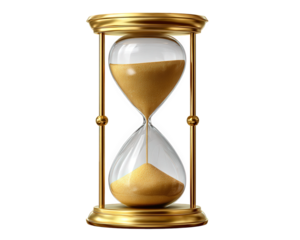 Classic hourglass with golden frame and flowing sand, symbolizing time passing, patience, and vintage elegance, isolated on transparency background