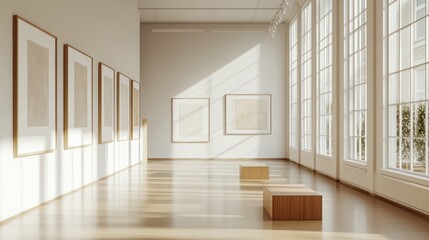 Empty art gallery, sunlight streams through windows. Possible use Stock photo for interior design, architecture, museum, or gallery concepts