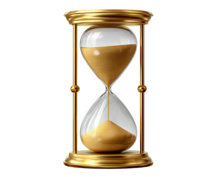 Classic hourglass with golden frame and flowing sand, symbolizing time passing, patience, and vintage elegance, isolated on transparency background