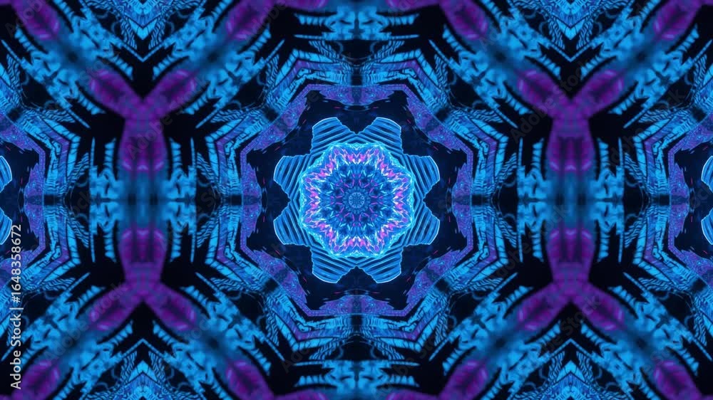 Poster mesmerizing blue digital kaleidoscope effect with pulsing pink highlights, creating abstract hypnoti