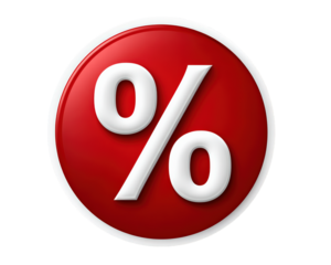 Red circular sticker with white percentage symbol glossy finish used for sale discount promotion or special offer isolated on transparent background modern and eye catching design