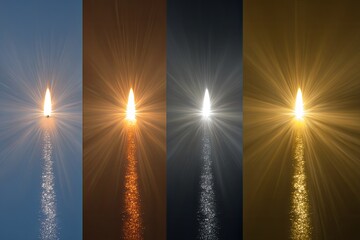 Four variations of a luminous, radiant, vertical flame